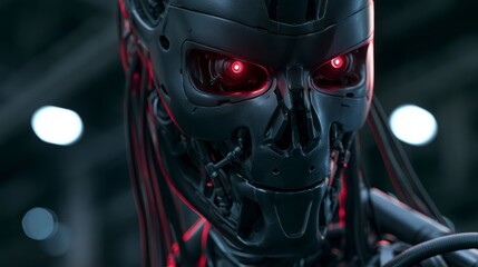 Fototapeta premium Humanoid robot with red eyes and a menacing gaze.