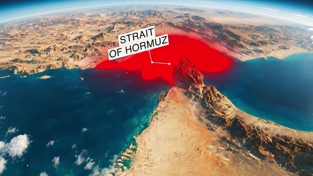 Animated satellite map zooming into and highlighting the Strait of Hormuz in red. A highly relevant geographical visualization for geopolitical news broadcasts, maritime shipping documentaries, and gl