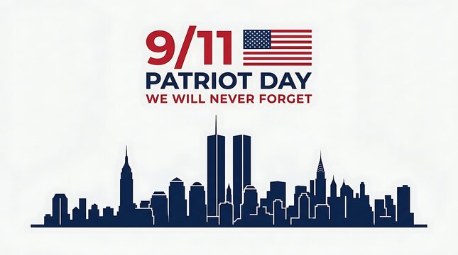 9 11 patriot day memorial skyline silhouette with american flag and text we will never forget.