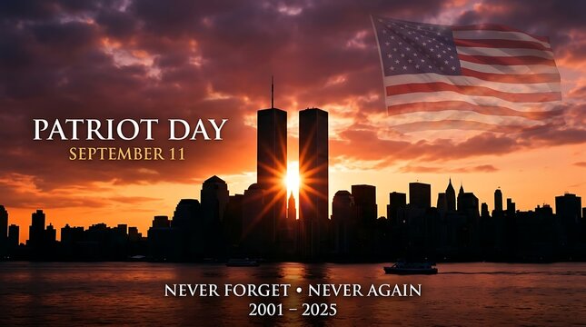 Patriot day September 11 never forget never again twin towers skyline american flag sunset memorial tribute.