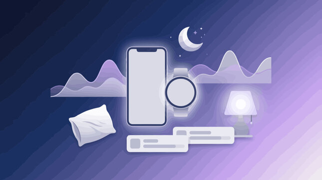 Sleep tracking app interface with smartphone and smartwatch. Digital health monitoring vector. Night cycle data visualization.