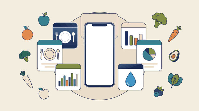 Nutrition tracking mobile app interface, healthy diet planning vector illustration, smartphone with food data charts and fruit icons