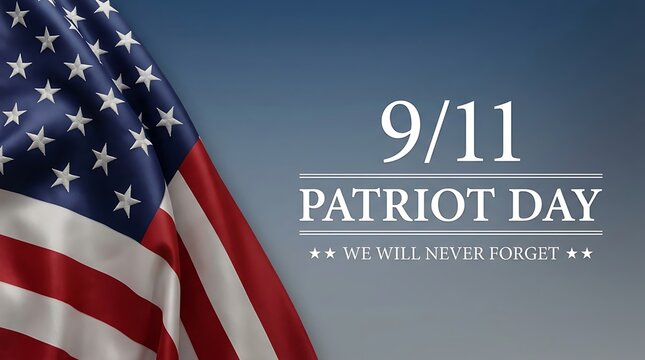 American flag waving with Patriot Day 9/11 text and we will never forget message against blue sky background signifying remembrance and unity.