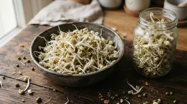 Bowl and glass jar filled with fresh mung bean sprouts on a wooden surface