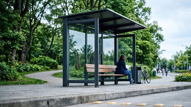 Modern bus shelter in green urban park