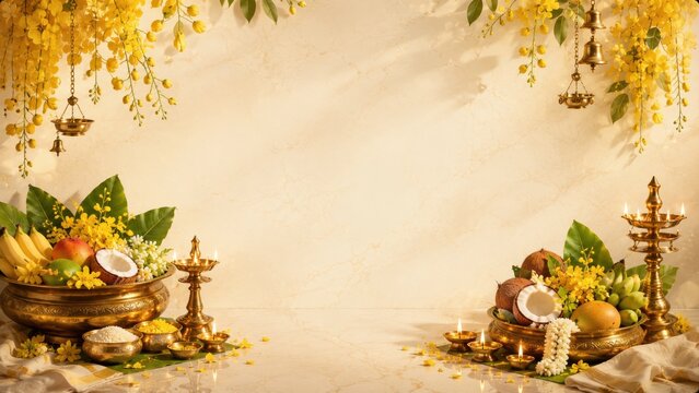 Traditional Kerala Vishu Kani Scene With Brass Lamp And Green Background

