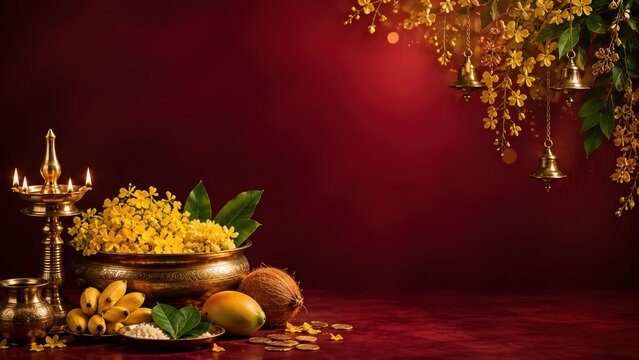 Red Background Vishu Festival Decoration With Brass Lamp And Flowers
