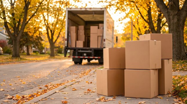 Moving Boxes and Truck on Suburban Street in Autumn, Relocation Concept