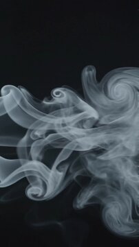 Abstract white smoke swirls isolated on a solid black background.