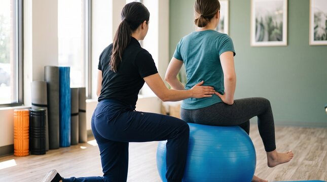 Physical therapist assisting patient with back exercise on fitness ball
