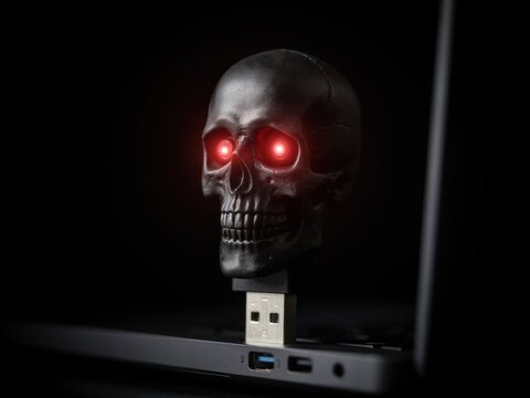 Scary skull USB drive with glowing red eyes plugged into a laptop