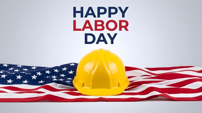 Happy Labor Day Banner with Yellow Safety Helmet and American Flag Background