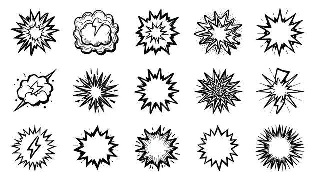 Hand drawn comic book style explosion bubble set featuring various sharp jagged burst shapes isolated on a plain white background