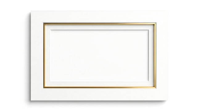 Elegant white and gold rectangular picture frame with a blank mat, isolated on a clean white background, ready for displaying art or photographs.