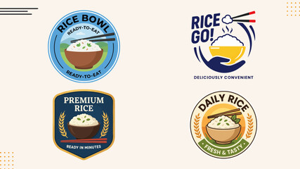 Fototapeta premium Colorful rice meal badges featuring ready to eat bowls and convenient food concepts