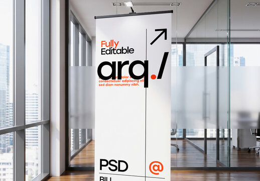 Roll Up Banner Mockup in Office Lobby