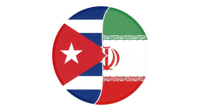 Circular icon with combined national flags of Cuba and Iran isolated on transparent background