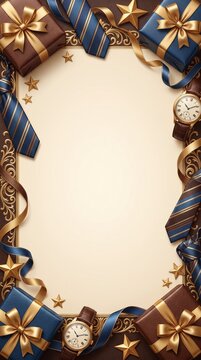 Fathers day frame features wrapped gift boxes, neckties, wristwatches, and golden stars around a blank card.