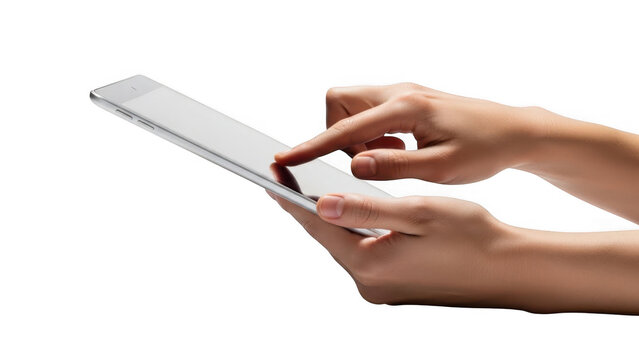 Person holding and touching a small mobile tablet device