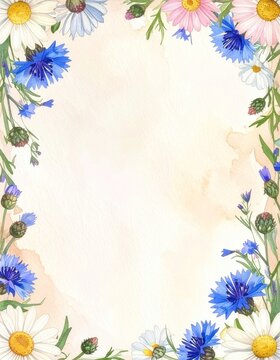 Watercolor wildflowers frame border with cornflowers and daisies on beige paper background