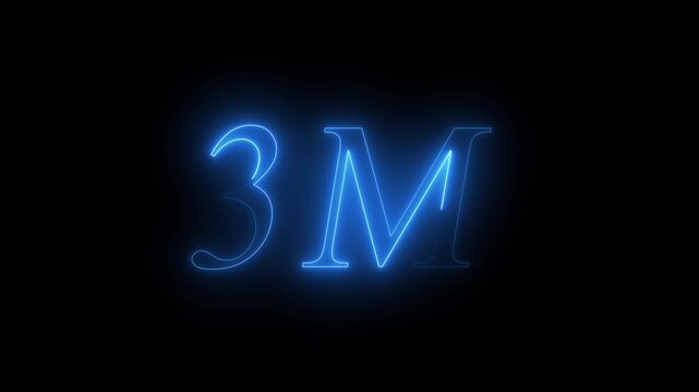 Glowing blue Neon 3M Text Animation for 3 Million Followers, Subscribers, Views, Milestone Celebration, Social Media Achievement, Financial Growth, and Business Success Isolated on Black Background