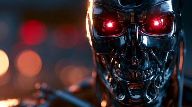 Humanoid robot with red eyes and a menacing gaze.