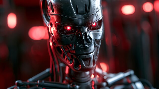 Humanoid robot with red eyes and a menacing gaze.