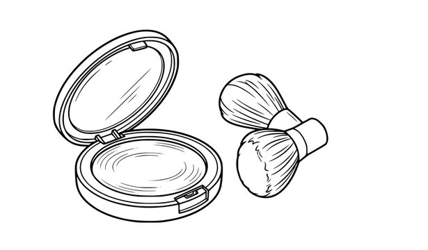 Cosmetic powder compact and makeup brush black white line vector icon