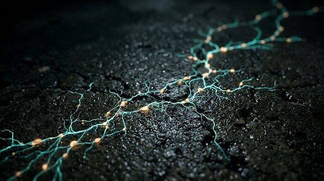 Neural network pathways glow with blue and gold light across a dark textured surface.