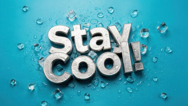 Metallic Stay Cool text surrounded by ice cubes on a bright blue background. Ideal for summer refreshment marketing campaigns and cooling beverage concepts.