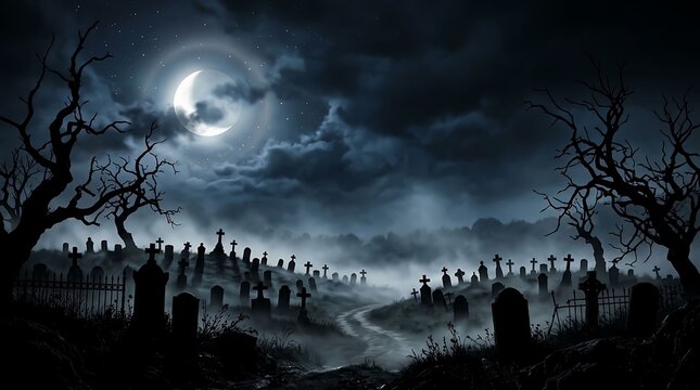 Spooky graveyard at night with full moon and fog