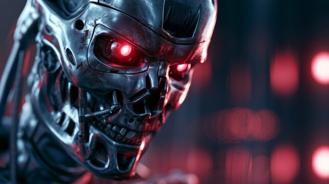 Humanoid robot with red eyes and a menacing gaze.