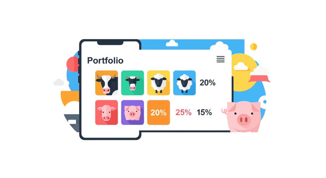 Livestock investment portfolio app interface with cow sheep and pig flat vector icons