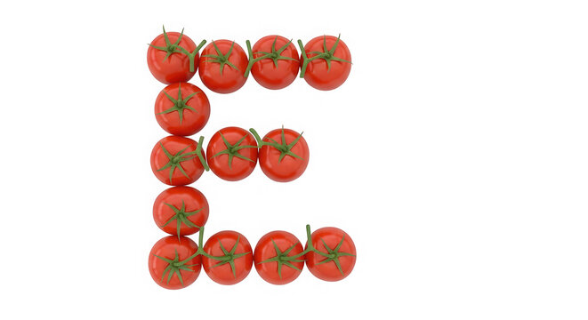 Letter E made from fresh red tomatoes on a vine isolated on transparent background