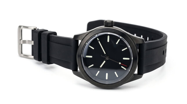 Close-up shot of a modern black wristwatch with a black silicone strap and a silver buckle on a clean white background.