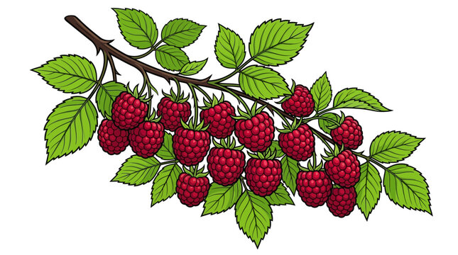 Fresh red raspberry branch with green leaves, detailed botanical vector illustration.