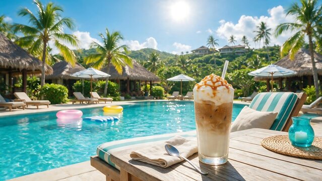 Iced coffee drink next to a tropical resort swimming pool on a sunny day