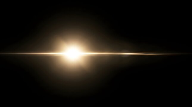 A bright golden horizontal lens flare isolated on a black background creating a beautiful and cinematic glowing light effect design