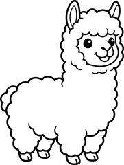 Naklejka premium Cute cartoon llama illustration black and white line art isolated on transparent background