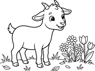 Cute baby goat standing near flowers line art illustration isolated on transparent background