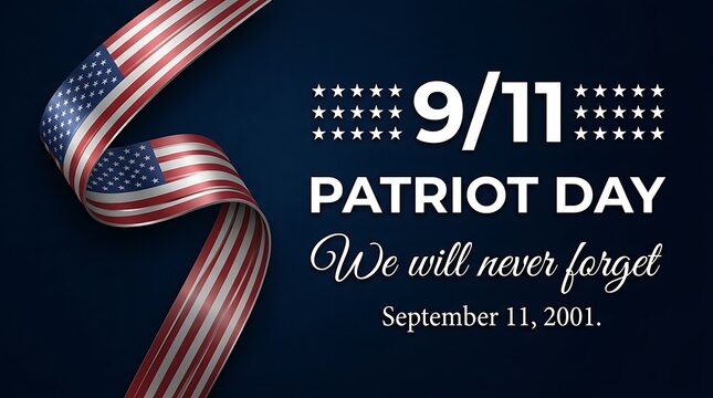 Patriot day remembrance 9 11 featuring american flag ribbon and text elements for national day of remembrance, solemn occasion, and memorial with historical date.