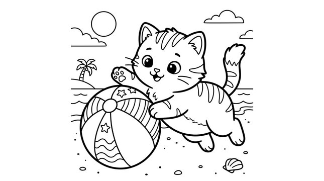 Cute kitten playing with a beach ball on the sand, summer coloring page for kids vector.