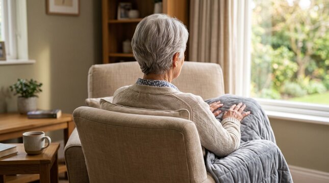 Senior woman sitting on armchair looking out bright window at home