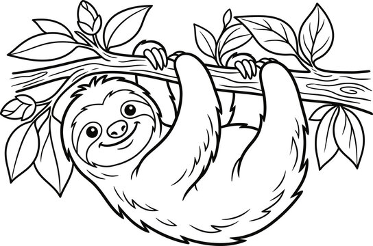 Cute sloth hanging from branch line art illustration isolated on transparent background