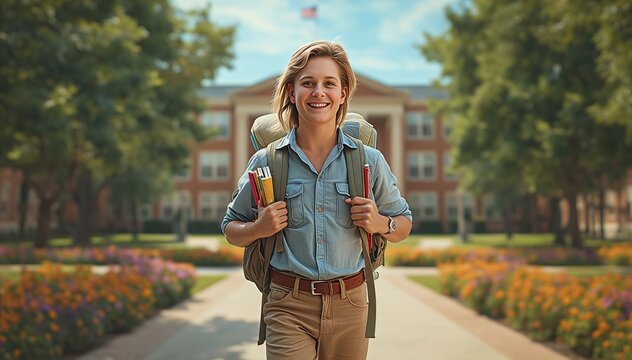 Happy smiling high school student with backpack and books on college campus background