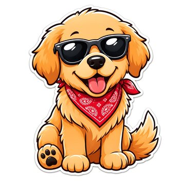 Cute golden retriever puppy wearing sunglasses and red bandana sticker illustration, isolated on white background. Cool cartoon dog character vector artwork for printing, sticker, or design.