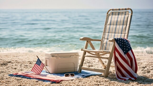 Patriotic beach scene with a wooden chair, american flag, and cooler, usa labor day themed photo realistic photo