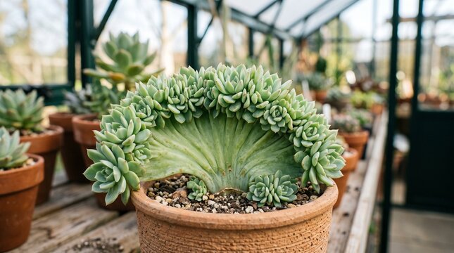 Crested succulent plant exhibiting rare fasciation in sunlit greenhouse nursery with sharp focus for botanical gardening marketing
