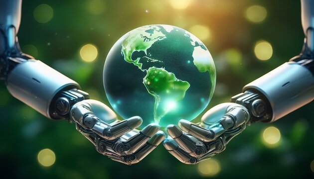 robot holding a glowing earth globe against a blurred green background