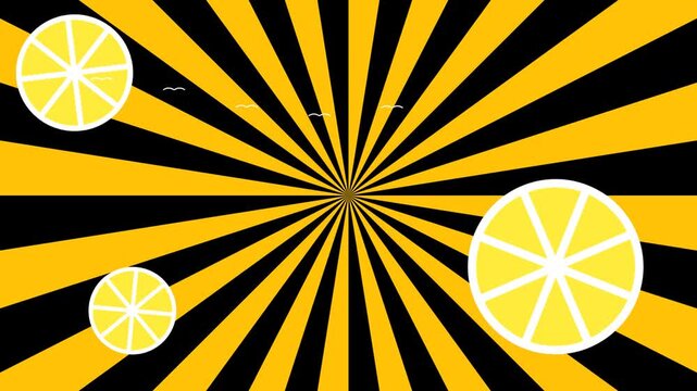 Fresh yellow lemon slices floating over a bright orange and black sunburst pattern background for a vibrant food design concept